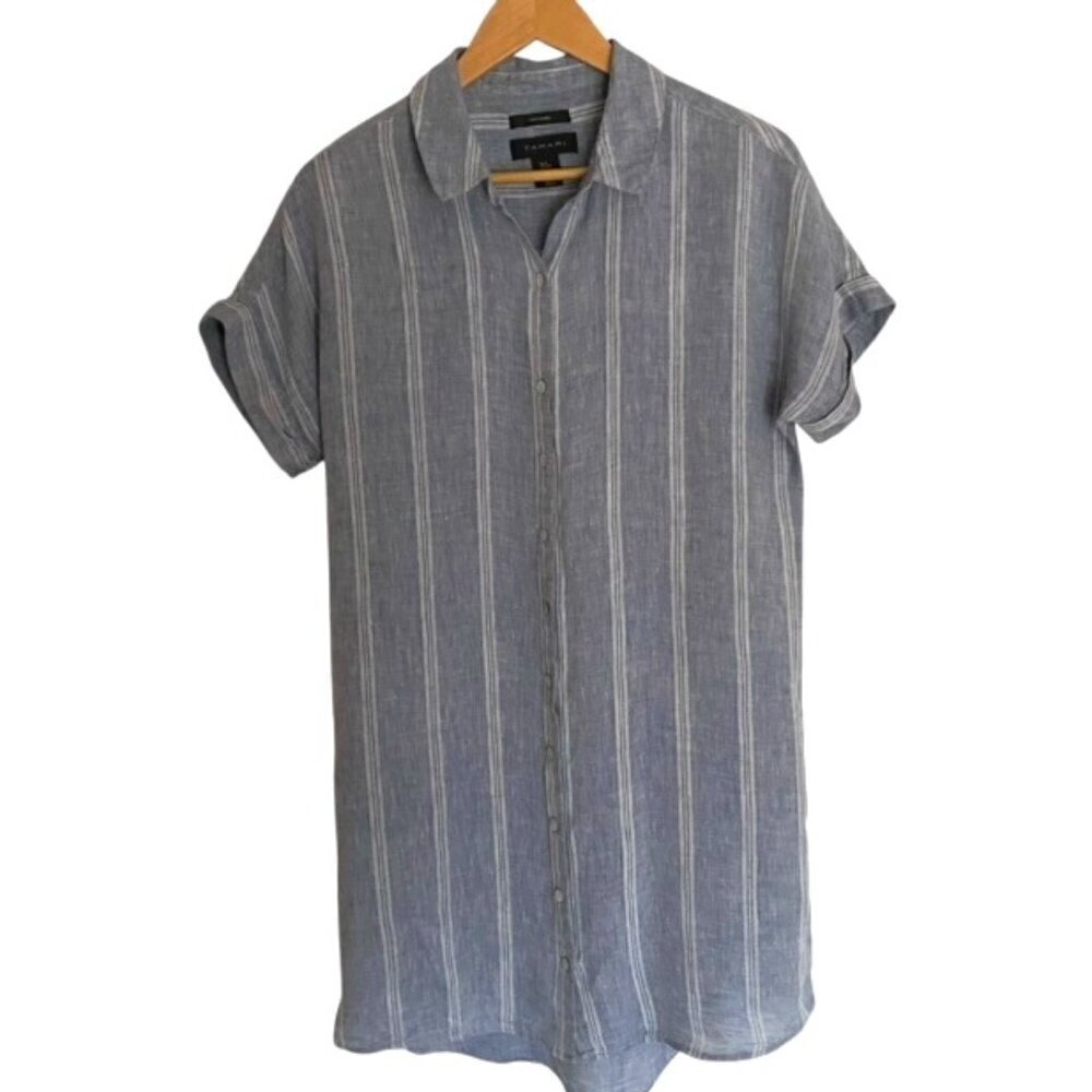 Tahari 100% Linen Striped Long Button Up Shirt Medium